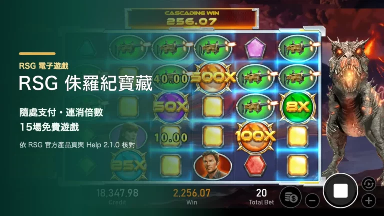 RSG 侏羅紀寶藏玩法|隨處支付、連消倍數與15場免費遊戲